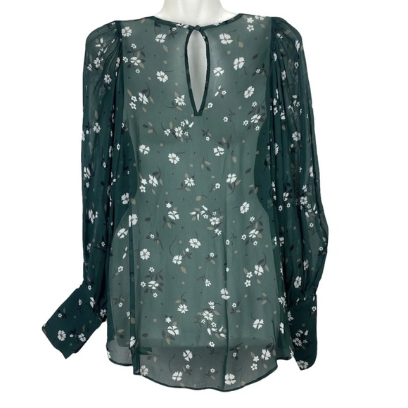 Country Road Blouse Top Green White Floral Long Sleeve Sheer Lightweight Size 8 - Picture 2 of 12